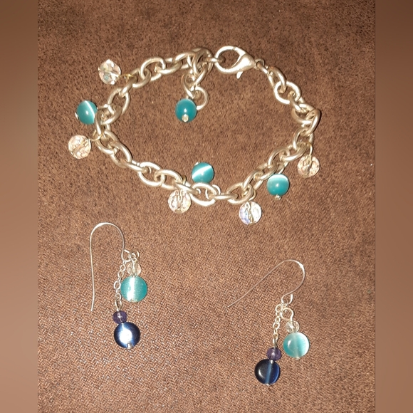 Set bracelet & earrings silvertone cat's eye glass and faceted clear beads - Picture 6 of 9